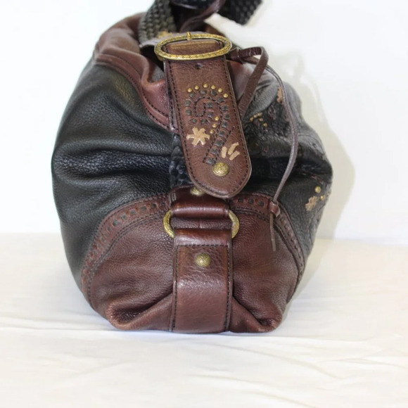 Brighton Montana Black & Brown Pebbled Leather Studded Large Purse Boho Handbag - Picture 6 of 16